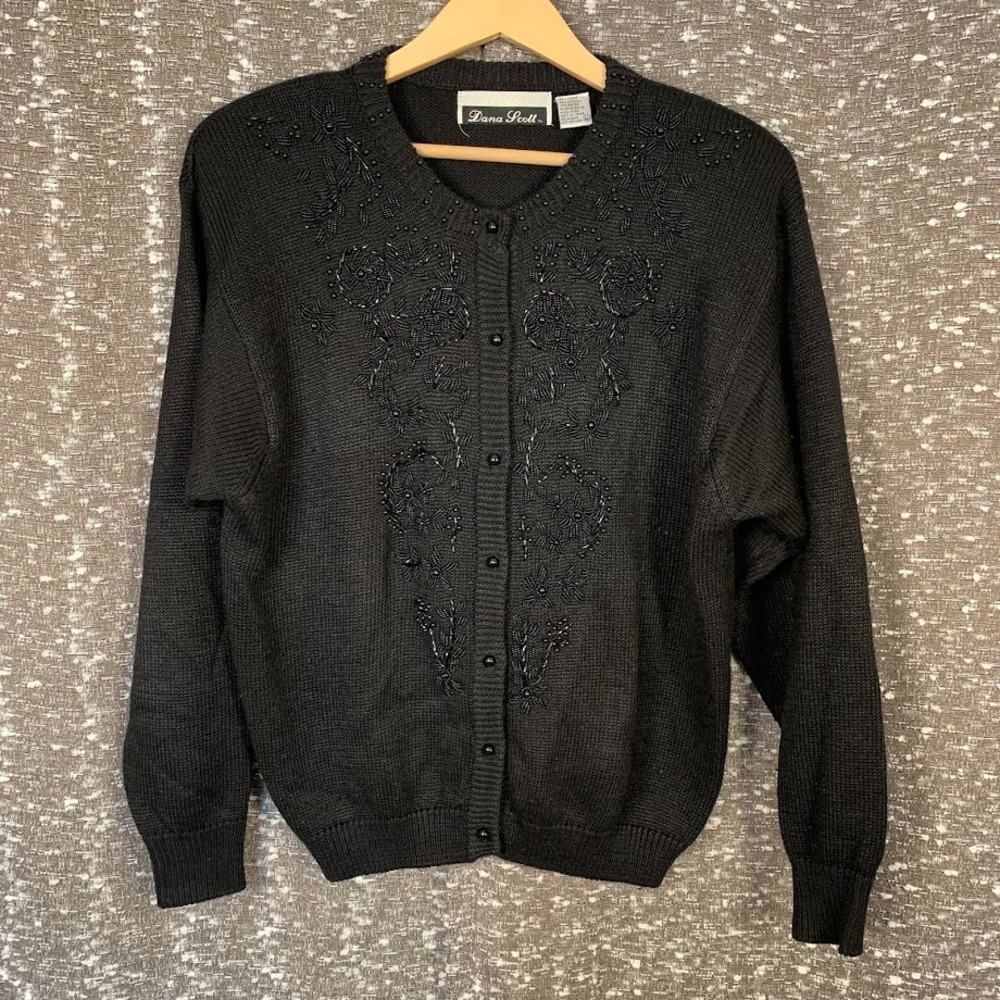 Vintage Dana Scott Black Knit Floral Beaded Cardigan Sweater Women's Large